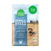 Open Farm small-breed dry dog food bag showing grain-free formula for sensitive small dogs.