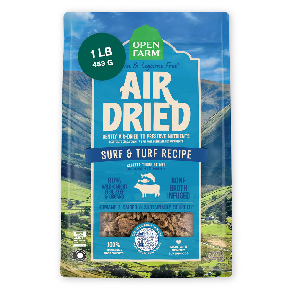 Open Farm Surf and Turf air-dried dog food in a bowl, ready as complete meal or topper