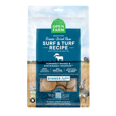 Open Farm Surf & Turf Patties bag highlights high-protein freeze-dried dog food for balanced meals