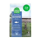 Open Farm whitefish cat kibble close-up highlighting high-protein grain-free nutrition for cats.