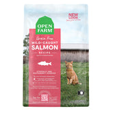 Open Farm wild-caught salmon dry cat food bag image highlights sustainable sourcing benefits for responsible feeding.