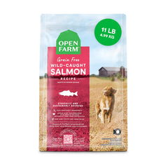 Open Farm wild-caught salmon kibble bowl supports overall health with high-quality protein.