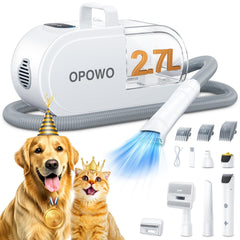 OPOWO dog grooming vacuum main unit showing all-in-one grooming power for fur cleanup