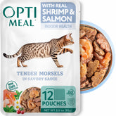 Optimeal grain-free wet cat food pouch featuring shrimp and salmon in savory gravy.