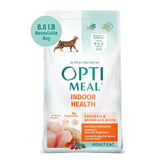 Optimeal Indoor Cat Dry Food bowl with chicken and brown rice showing digestible protein