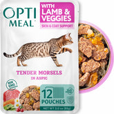 Optimeal Lamb & Veggies wet cat food pouch close-up showing tender morsels in gravy for hydration