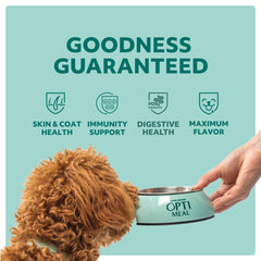 Optimeal Puppy Toy Breed kibble closeup shows crunchy texture ideal for picky small breeds.