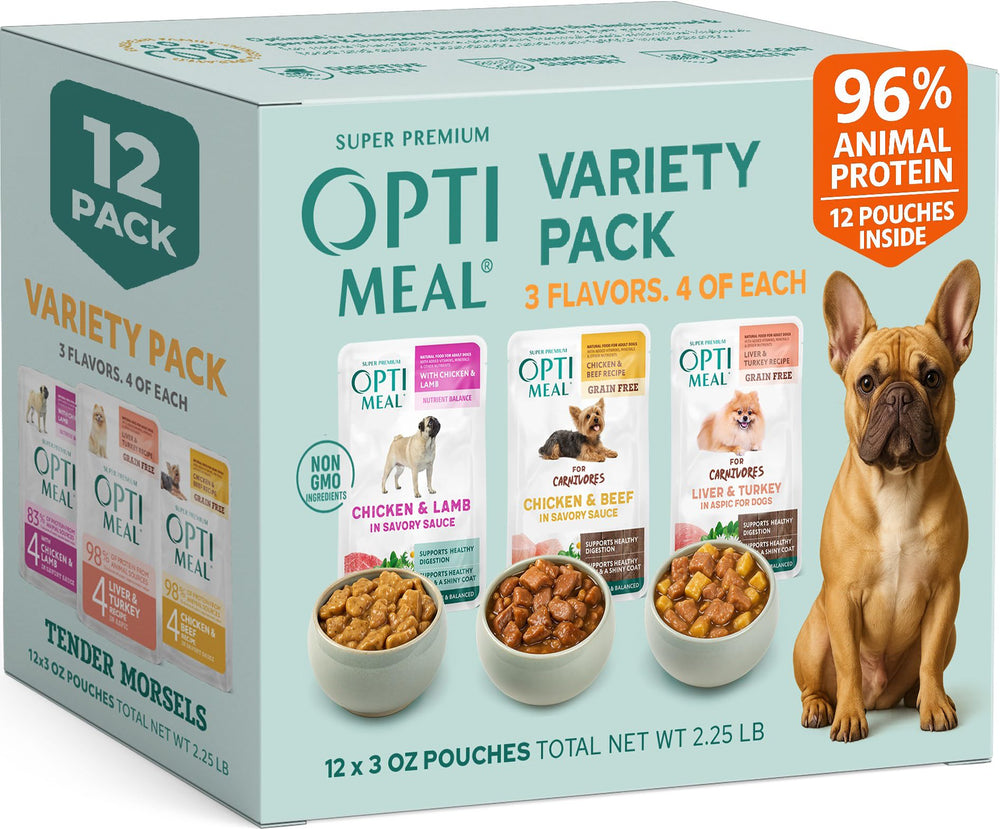 Optimeal small-breed variety pack pouches displayed for balanced daily meals.