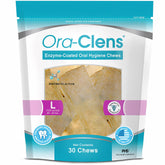 The Ora-Clens large-dog chews packaging is shown for daily use.