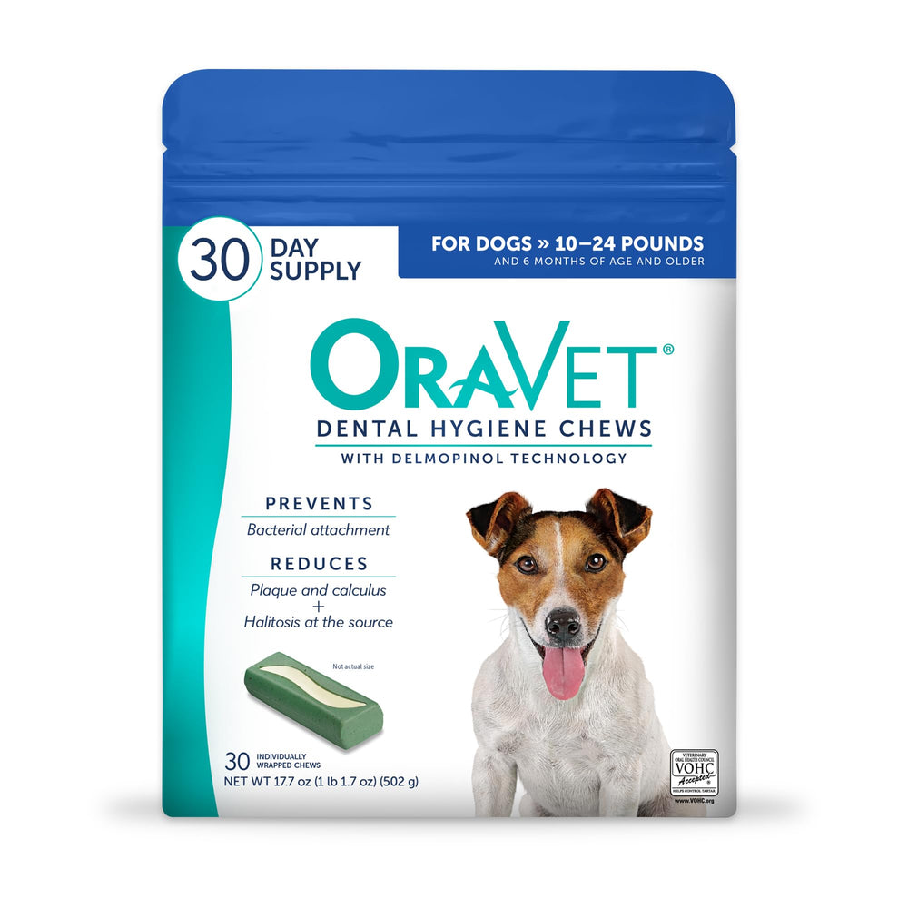OraVet dental chews bag 30-count showcasing convenient daily dental care for dogs