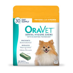 OraVet dental hygiene chews in yellow pouch for daily oral care