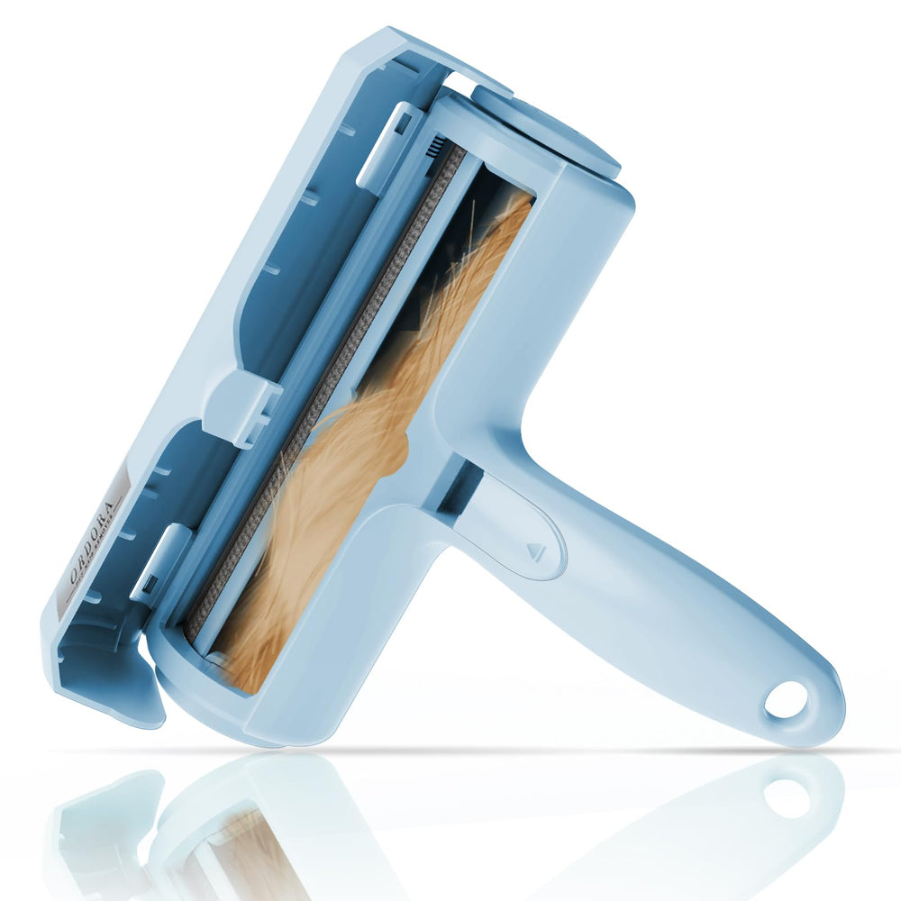 ORDORA pet hair remover in use on a couch to reveal a fur-free surface.