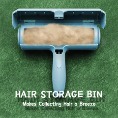 ORDORA blue pet hair remover pictured on furniture illustrating quick fur removal.