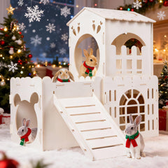 Orekemo rabbit house exterior shows sturdy wood for safe, durable playspaces.