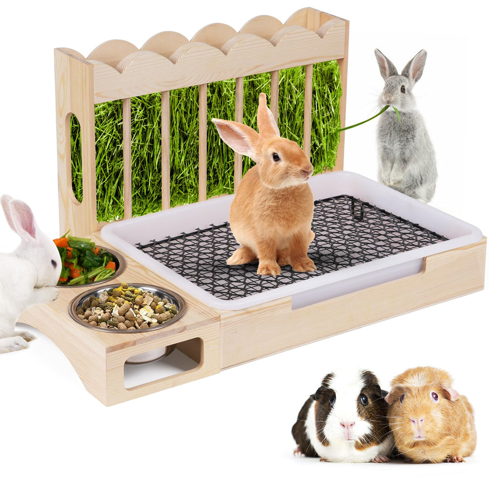 Orekemo upgraded 3-in-1 rabbit hay feeder wooden setup helps save space for small pets.