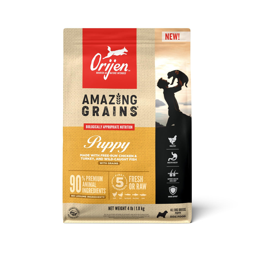 Orijen Amazing Grains Puppy bag front highlights 4 lb size for growing dogs.