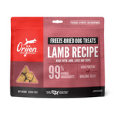 ORIJEN grain-free freeze-dried lamb treats in bag highlighting high-protein nutrition for training