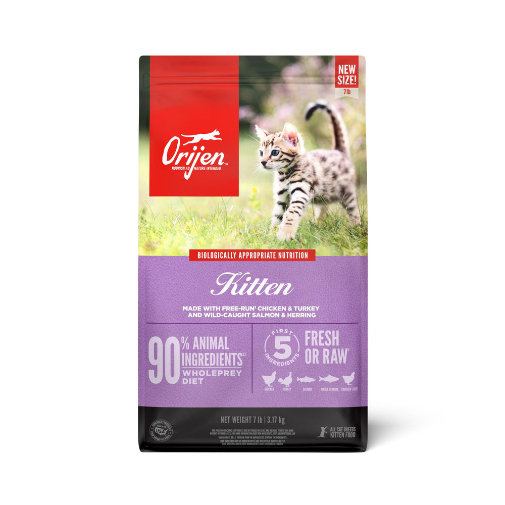 ORIJEN grain-free kitten bag 7lb highlights premium protein for growth and energy.