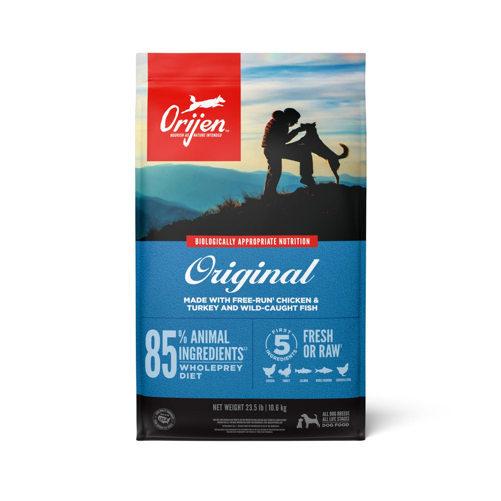 ORIJEN Original dry dog food bag shows premium grain-free nutrition for a healthy coat.