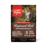 ORIJEN Regional Red dry cat food bag showcasing protein-rich formula for all life stages.