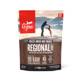 Orijen Regional Red freeze-dried dog treat bag front showing premium high-protein reward for training.