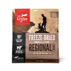 ORIJEN Regional Red bag with freeze-dried medallions highlighting protein-rich dog food.