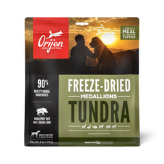 ORIJEN TUNDRA freeze-dried medallions packaging showing high-protein dog food for active dogs.