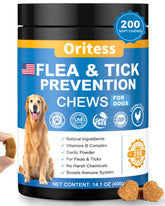 Oritess flea and tick chews in a bottle, mess-free protection for dogs.