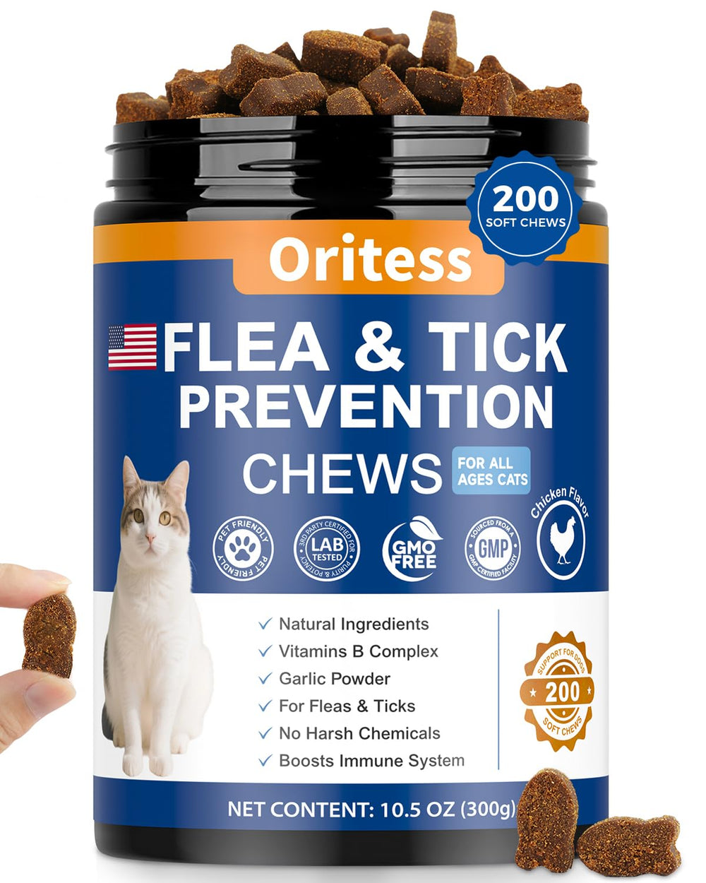 Oritess Flea Tick Chews packaging shows natural pest protection for cats