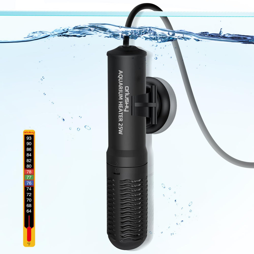 Orlushy 25W submersible aquarium heater in tank for steady warmth