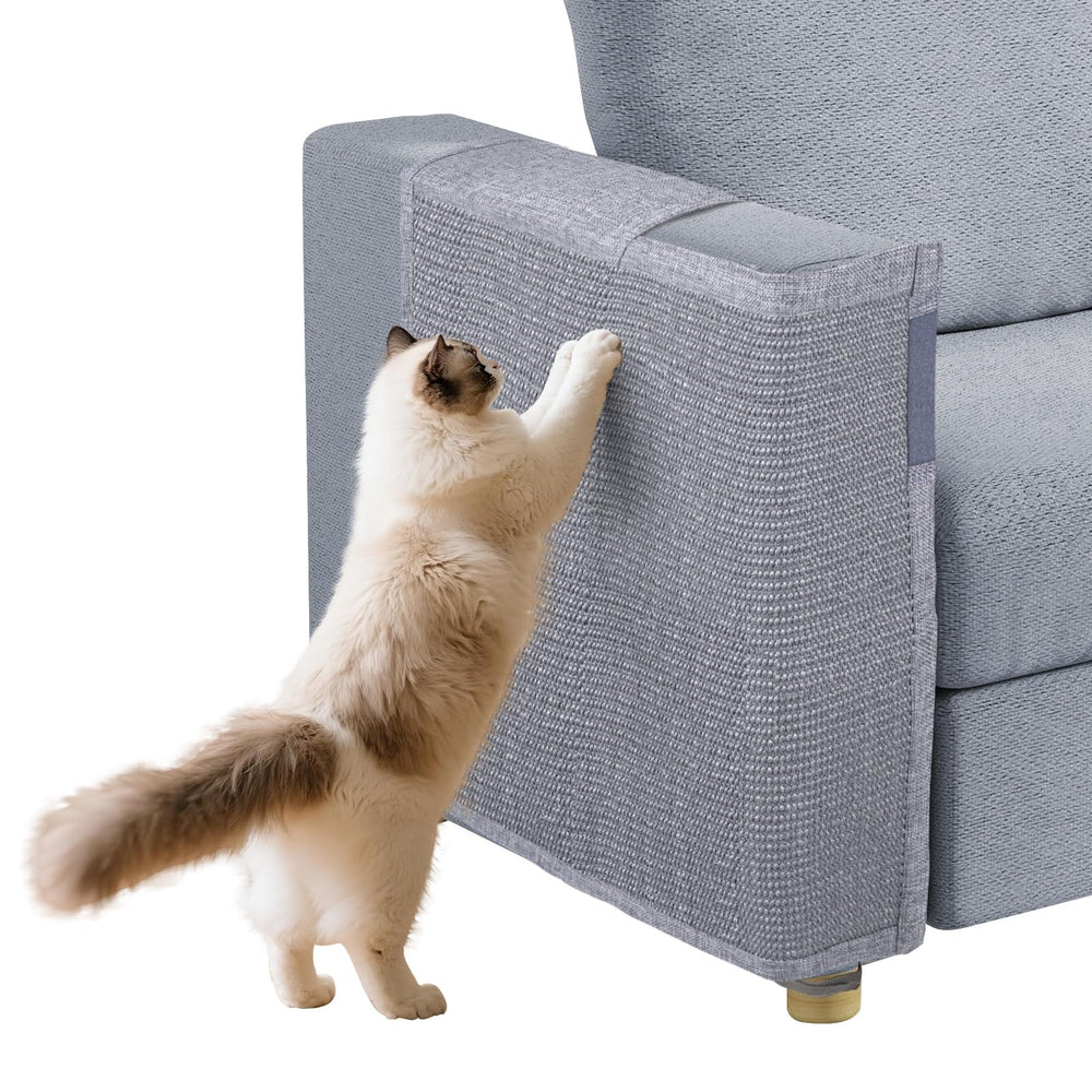 Oroonoko cat scratch couch protector on smoke-gray sofa protects furniture from claws.