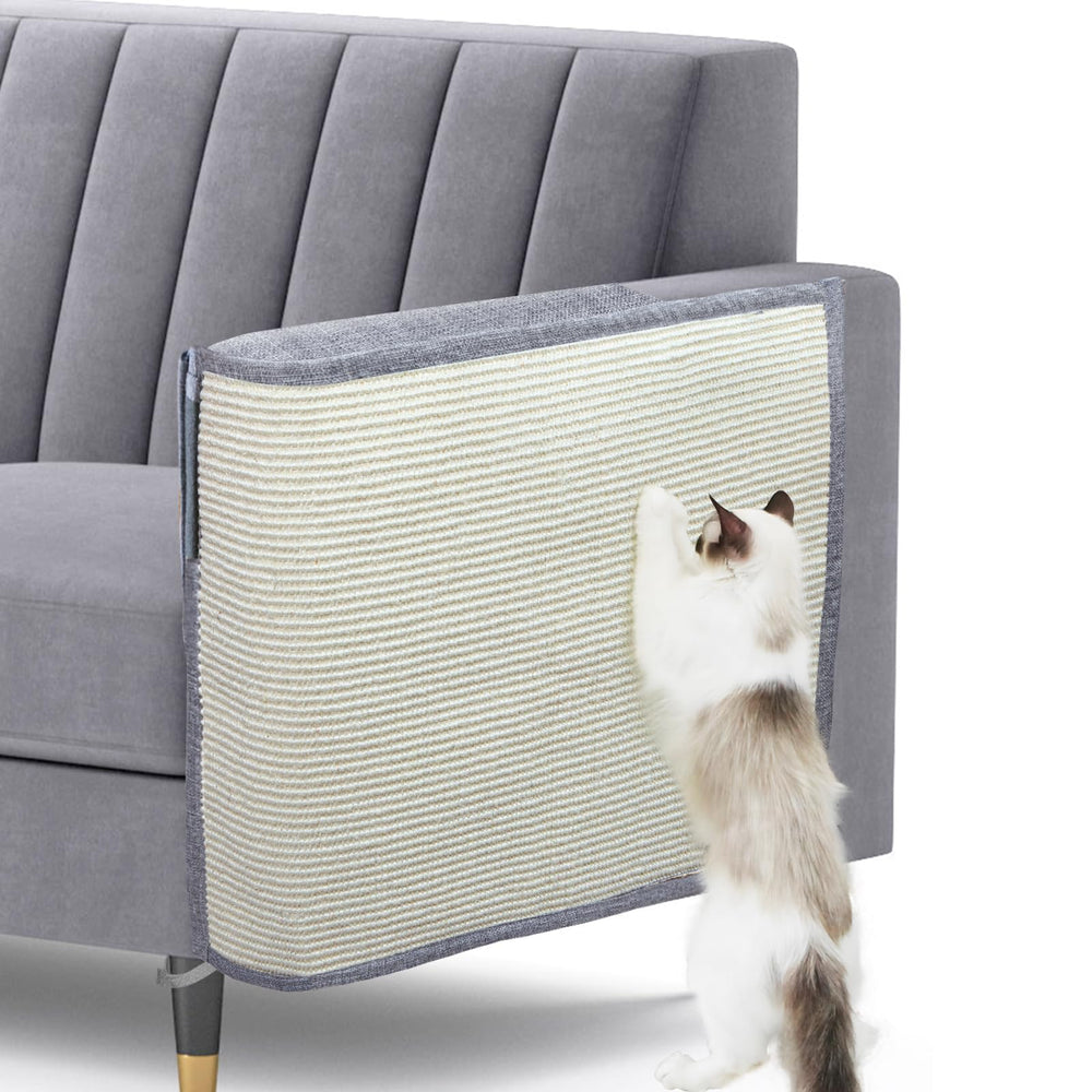 Oroonoko Upgraded Cat Scratch Protector on a grey sofa protects furniture and blends with decor.
