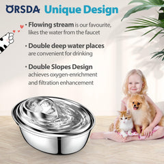 ORSDA stainless steel closeup highlights hygienic, durable water fountain for pets