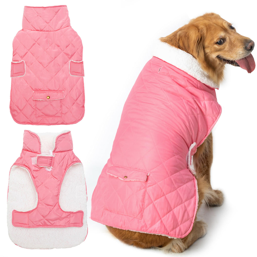 ORZECHKO dog-winter-coat-red-plaid-back-view provides warm protection during chilly outdoor walks.