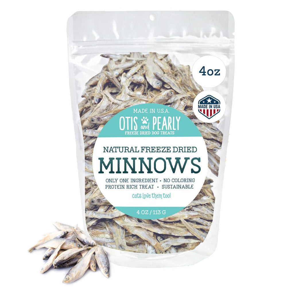 Otis and Pearly minnow treats packaging highlights purity and freshness for dogs