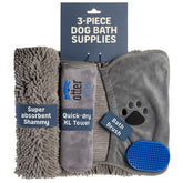 OtterPets 3-piece set shown with towels and brush for quick bath time.
