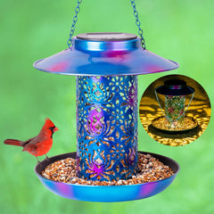 Ottsuls solar bird feeder outdoors blue, hanging view helps attract wild birds for backyard enjoyment.