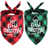 OUMEE My First Christmas dog bandana closeup with festive plaid texture for photos