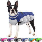 OUOBOB Winter Dog Coat blue back-zipper detail for easy on/off.