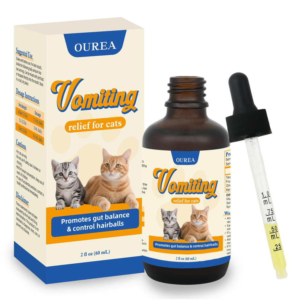 Ourea Cat Vomit Remedy bottle with pour demonstrates quick-absorption for digestive comfort.