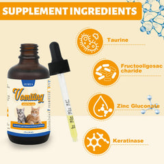 Ourea Cat Vomit Remedy highlights FOS for gut-friendly flora.