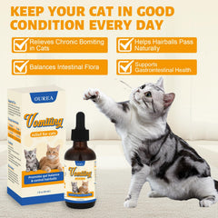 Ourea Cat Vomit Remedy bottle highlights taurine supporting digestion balance.