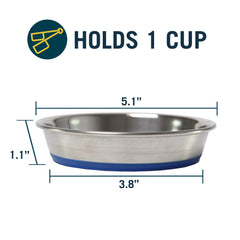Our Pets DuraPet stainless bowl bottom bonded ring prevents sliding during feeding.