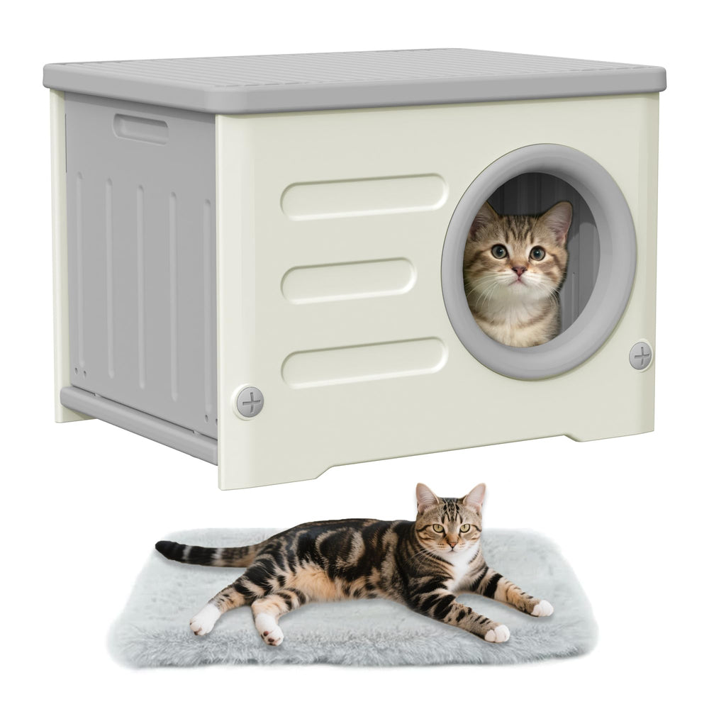 Outdoor cat house weatherproof front view shows sturdy rounded entrance for cozy shelter.
