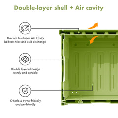 Outdoor cat house weatherproof interior space demonstrates roomy comfort for two cats.