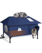 OVDIMK heated cat house outdoor dark blue hip roof—weatherproof shelter for cold days.