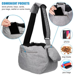 Ownpets Pet Sling Carrier pocket detail showcasing storage for essentials during walks.