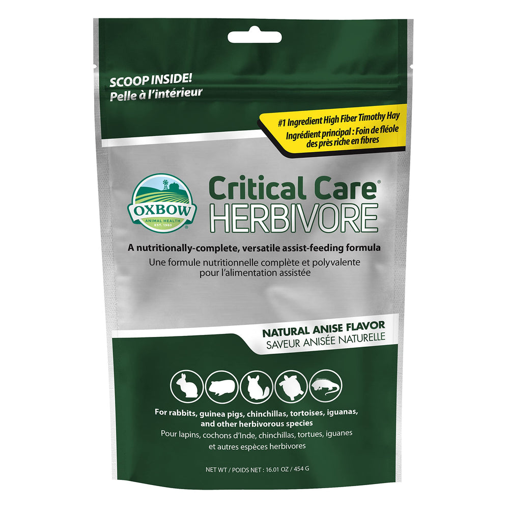 Oxbow Critical Care Herbivore powder mix showing easy-to-dissolve formula for recovery nutrition