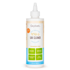 Oxyfresh Advanced Pet Ear Cleaner bottle closeup highlights fast-acting ear cleaning