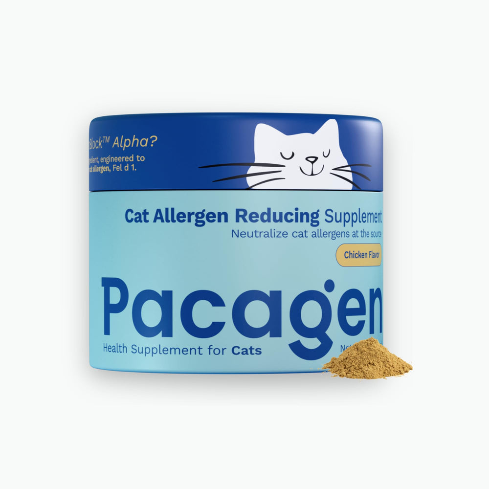 Pacagen cat allergen reducing health supplement bottle with scoop for easy twice-daily dosing